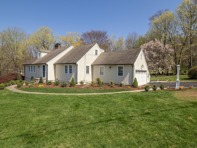 27 Powderhorn Dr, Ridgefield, CT 06877 - new england style home featuring an attached garage, a front lawn, a chimney, and a shingled roof