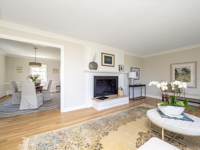 27 Powderhorn Dr, Ridgefield, CT 06877 - living room with wood finished floors, ornamental molding, baseboards, and a fireplace