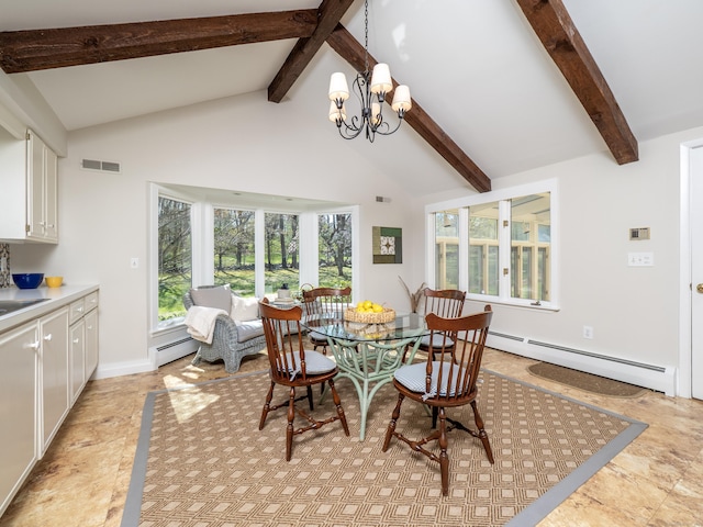 27 Powderhorn Dr, Ridgefield, CT 06877 - dining space featuring beam ceiling, baseboard heating, high vaulted ceiling, and a chandelier