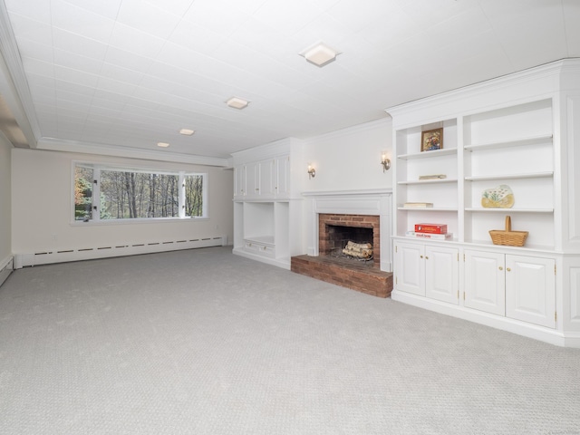 27 Powderhorn Dr, Ridgefield, CT 06877 - unfurnished living room featuring a fireplace, light carpet, ornamental molding, a baseboard heating unit, and built in shelves