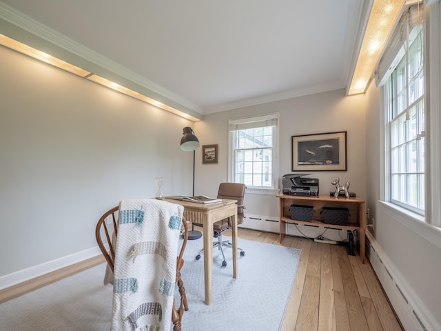 27 Powderhorn Dr, Ridgefield, CT 06877 - office area with baseboard heating, plenty of natural light, light wood-style flooring, crown molding, and a baseboard radiator