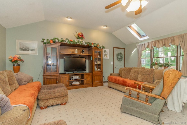 37 Sage Dr, Berlin, CT 06037 - living room featuring lofted ceiling, a skylight, ceiling fan, and light colored carpet