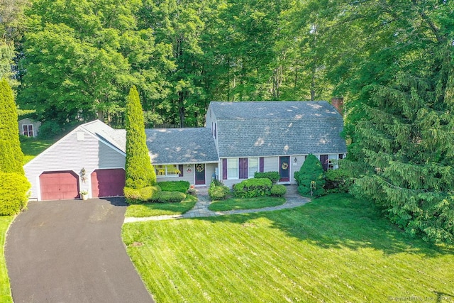 37 Sage Dr, Berlin, CT 06037 - dutch colonial with asphalt driveway, a chimney, an attached garage, a front lawn, and an outdoor structure