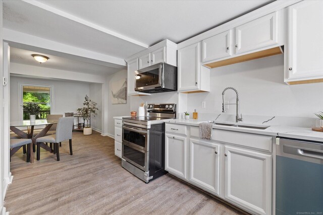 34 Pleasant St Unit 6, Plainfield, CT 06374 - kitchen with appliances with stainless steel finishes, a sink, white cabinetry, light wood-type flooring, and baseboards