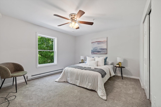 34 Pleasant St Unit 6, Plainfield, CT 06374 - bedroom with a baseboard radiator, carpet flooring, baseboards, and ceiling fan