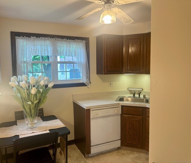 415 Lady Bug Ln Unit 415, Vernon, CT 06066 - kitchen with white dishwasher, a sink, light countertops, and ceiling fan