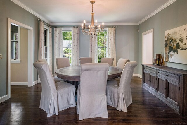 12 Stanton Ct, Madison, CT 06443 - dining area with a chandelier, baseboards, crown molding, and dark wood finished floors