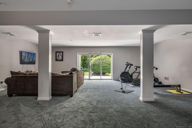 12 Stanton Ct, Madison, CT 06443 - carpeted living area featuring ornate columns and baseboards