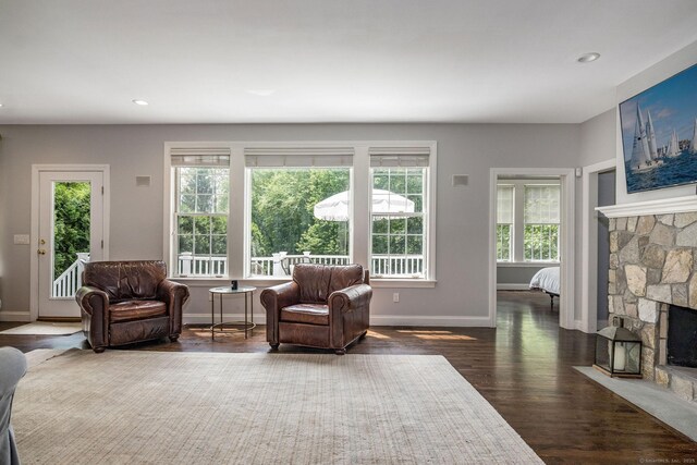 12 Stanton Ct, Madison, CT 06443 - living area with a stone fireplace, dark wood-type flooring, baseboards, and recessed lighting