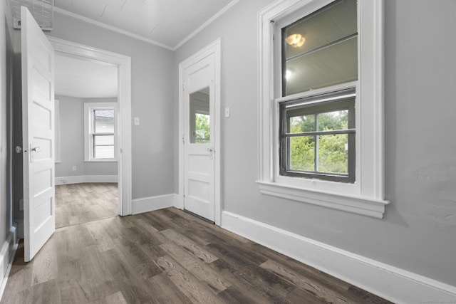 108 Highland Ave, Waterbury, CT 06708 - entrance foyer featuring crown molding, dark wood-style floors, and baseboards