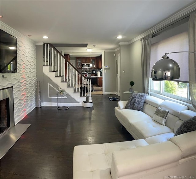 665 W Main St, West Haven, CT 06516 - living room with crown molding, stairs, baseboards, wood finished floors, and a high end fireplace