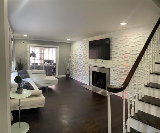 665 W Main St, West Haven, CT 06516 - living area featuring ornamental molding, stairs, baseboards, wood finished floors, and recessed lighting