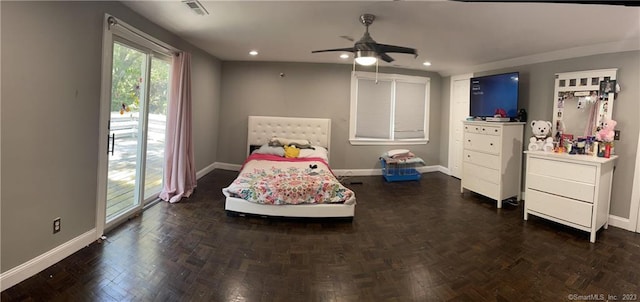 665 W Main St, West Haven, CT 06516 - bedroom with baseboards, recessed lighting, access to outside, and a ceiling fan