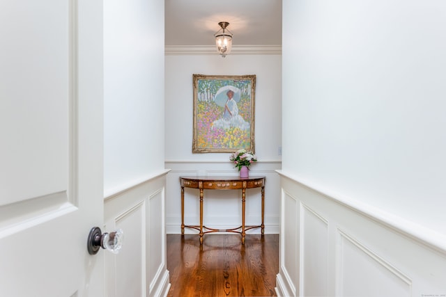 37 Salisbury Rd, Darien, CT 06820 - corridor with a decorative wall, dark wood-style flooring, and wainscoting