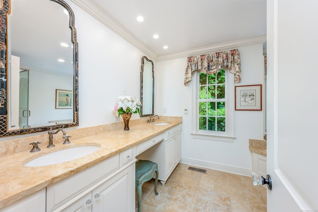 37 Salisbury Rd, Darien, CT 06820 - bathroom featuring double vanity, ornamental molding, baseboards, and recessed lighting