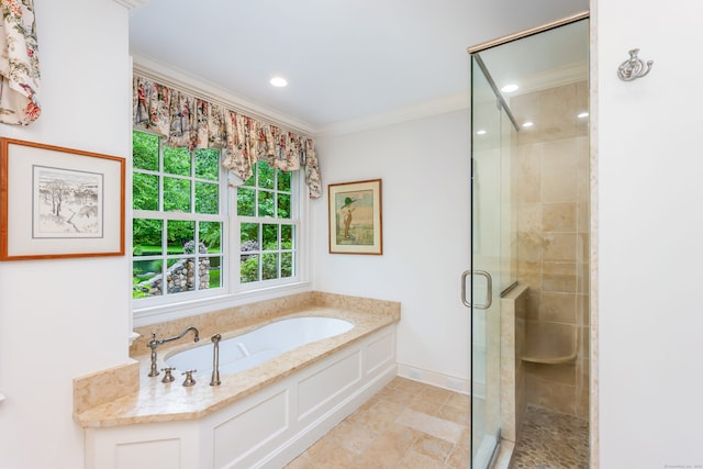37 Salisbury Rd, Darien, CT 06820 - full bath featuring a stall shower, crown molding, a bath, and recessed lighting