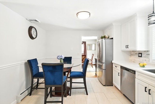 5 Crabapple Rd, Windsor, CT 06095 - kitchen featuring stainless steel appliances, light countertops, white cabinets, decorative backsplash, and a baseboard radiator