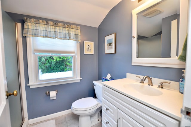 89 Bigelow St, Manchester, CT 06040 - bathroom with vaulted ceiling, toilet, vanity, tile patterned flooring, and a shower