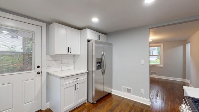 77 Hemlock St, Manchester, CT 06040 - kitchen with stainless steel fridge with ice dispenser, baseboards, dark wood-style flooring, light countertops, and recessed lighting