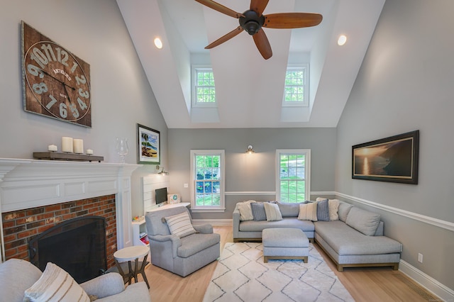 68 Topstone Rd, Ridgefield, CT 06877 - living room featuring high vaulted ceiling, wood finished floors, a fireplace, healthy amount of natural light, and recessed lighting