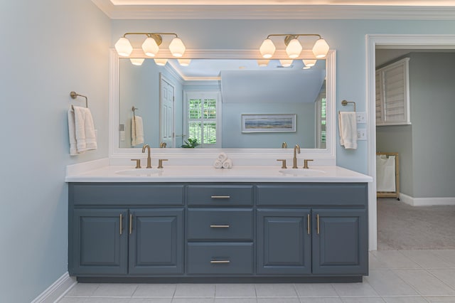 68 Topstone Rd, Ridgefield, CT 06877 - bathroom featuring double vanity, ornamental molding, tile patterned flooring, and baseboards