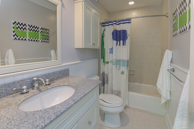 68 Topstone Rd, Ridgefield, CT 06877 - bathroom with vanity, toilet, shower / bath combination with curtain, tile patterned flooring, and a wainscoted wall