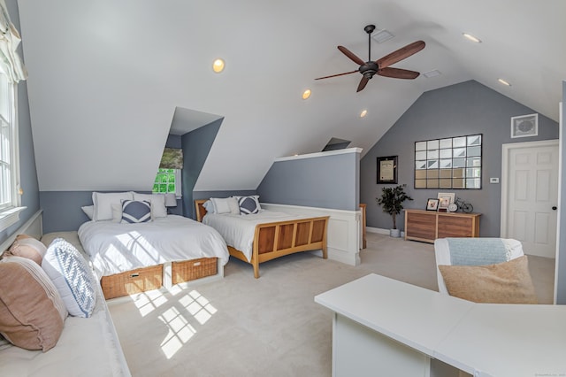 68 Topstone Rd, Ridgefield, CT 06877 - bedroom with light colored carpet, vaulted ceiling, a ceiling fan, and baseboards