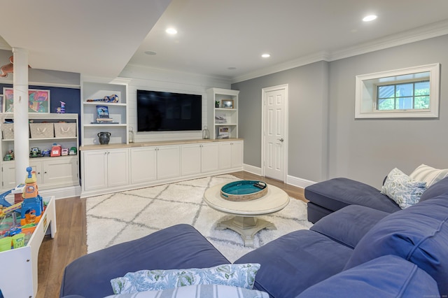 68 Topstone Rd, Ridgefield, CT 06877 - living area featuring light wood finished floors, crown molding, decorative columns, recessed lighting, and baseboards