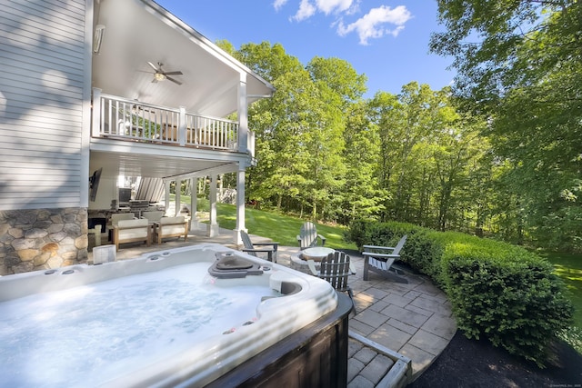 68 Topstone Rd, Ridgefield, CT 06877 - view of patio / terrace with a hot tub, a balcony, a ceiling fan, and a fire pit