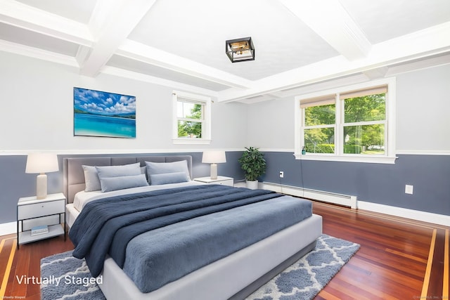 10 Cartier Rd, Enfield, CT 06082 - bedroom featuring a baseboard radiator, coffered ceiling, beam ceiling, wood finished floors, and baseboards