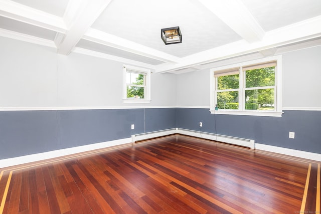 10 Cartier Rd, Enfield, CT 06082 - spare room with baseboard heating, beamed ceiling, hardwood / wood-style floors, coffered ceiling, and crown molding