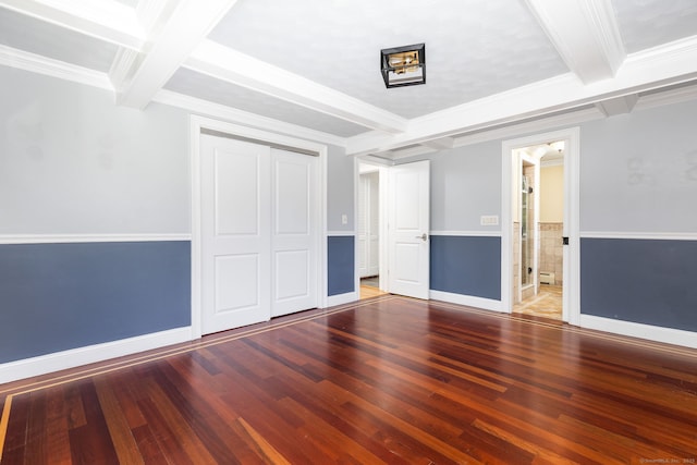 10 Cartier Rd, Enfield, CT 06082 - unfurnished bedroom with wood finished floors, coffered ceiling, beam ceiling, a closet, and baseboards