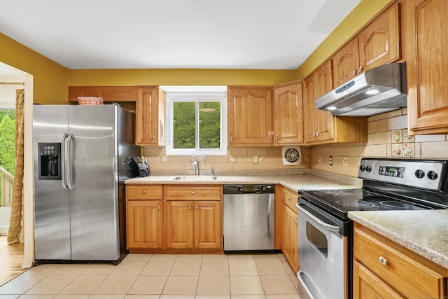 15 Amherst Pl, Stamford, CT 06902 - kitchen featuring appliances with stainless steel finishes, under cabinet range hood, a sink, light countertops, and decorative backsplash