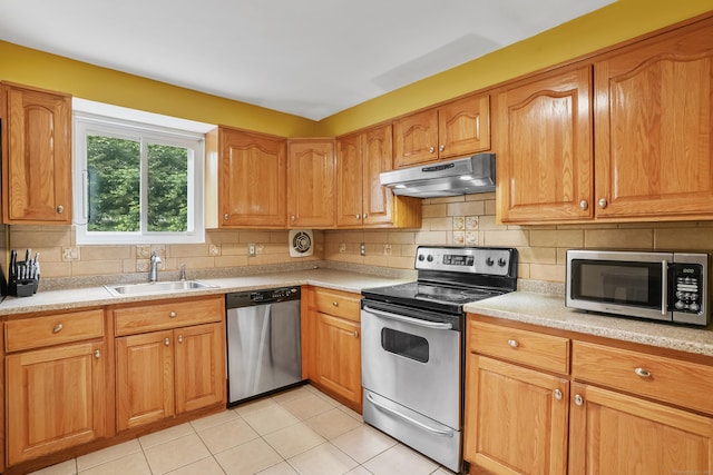 15 Amherst Pl, Stamford, CT 06902 - kitchen featuring stainless steel appliances, under cabinet range hood, a sink, light countertops, and tasteful backsplash