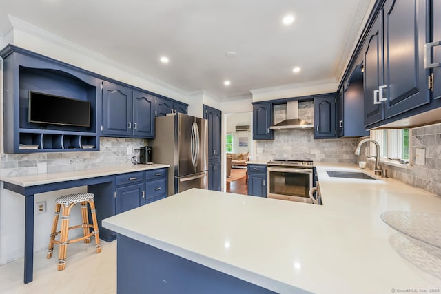 290 Fillow St, Norwalk, CT 06850 - kitchen with stainless steel appliances, a sink, wall chimney range hood, open shelves, and tasteful backsplash