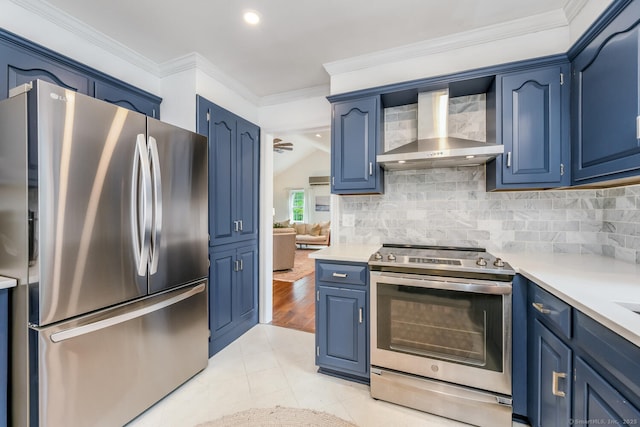290 Fillow St, Norwalk, CT 06850 - kitchen with appliances with stainless steel finishes, wall chimney range hood, blue cabinets, crown molding, and recessed lighting