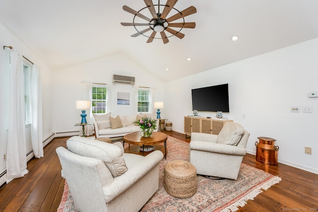 290 Fillow St, Norwalk, CT 06850 - living room with a wall unit AC, a ceiling fan, dark wood-type flooring, lofted ceiling, and baseboards