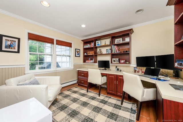 290 Fillow St, Norwalk, CT 06850 - office space with built in study area, a baseboard radiator, light wood finished floors, a wainscoted wall, and ornamental molding