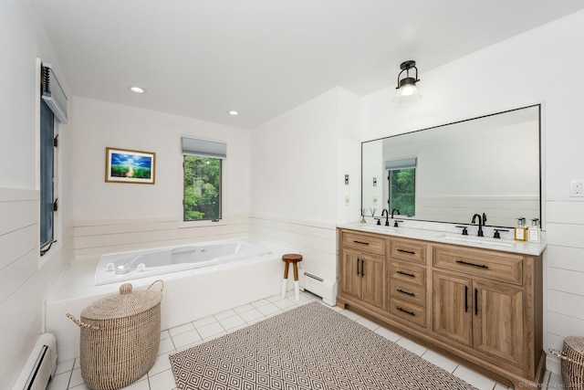 290 Fillow St, Norwalk, CT 06850 - bathroom featuring a baseboard radiator, healthy amount of natural light, double vanity, a bath, and a wainscoted wall