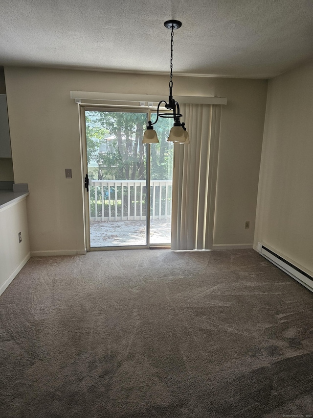 925 Oronoke Rd Unit 17F, Waterbury, CT 06708 - unfurnished dining area featuring a chandelier, a baseboard heating unit, carpet, and a textured ceiling