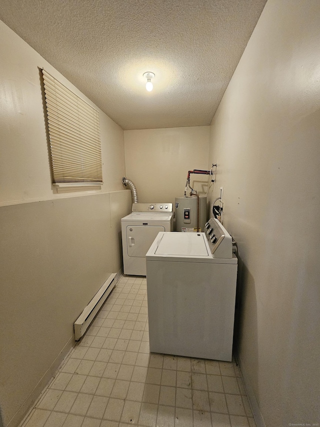 925 Oronoke Rd Unit 17F, Waterbury, CT 06708 - washroom featuring a baseboard heating unit, washer and clothes dryer, water heater, and a textured ceiling
