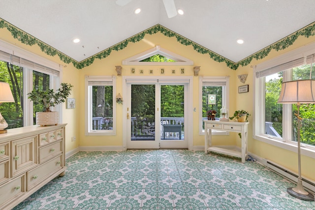 48 Shepherds Trl, Madison, CT 06443 - doorway to outside with lofted ceiling, baseboards, recessed lighting, plenty of natural light, and ceiling fan
