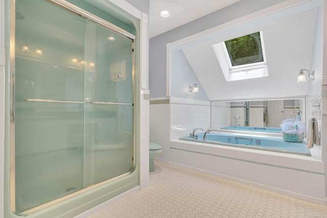 48 Shepherds Trl, Madison, CT 06443 - bathroom featuring a skylight, toilet, a garden tub, a stall shower, and vaulted ceiling