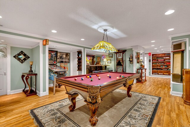 48 Shepherds Trl, Madison, CT 06443 - playroom with pool table, baseboards, light wood-style flooring, built in features, and recessed lighting