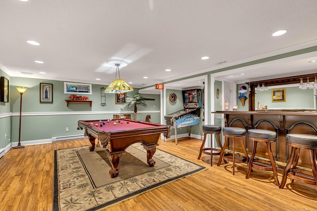 48 Shepherds Trl, Madison, CT 06443 - rec room featuring a baseboard radiator, billiards table, bar area, wood finished floors, and recessed lighting