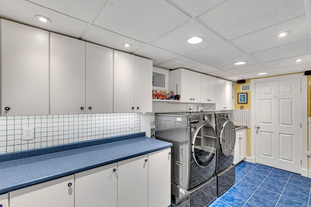 48 Shepherds Trl, Madison, CT 06443 - laundry area featuring cabinet space, separate washer and dryer, recessed lighting, and dark tile patterned floors