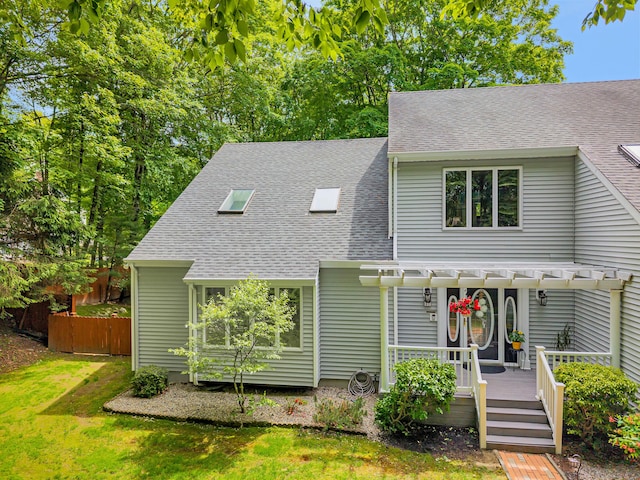 48 Shepherds Trl, Madison, CT 06443 - view of front of house with a shingled roof, a pergola, and a deck