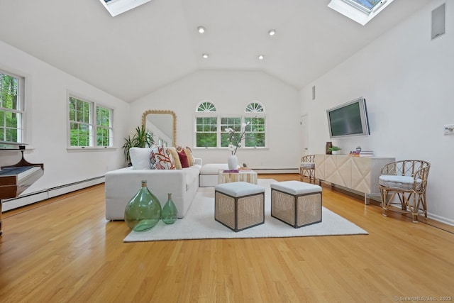 32 Jeffrey Rd, Greenwich, CT 06830 - living room featuring a skylight, baseboard heating, wood finished floors, recessed lighting, and high vaulted ceiling