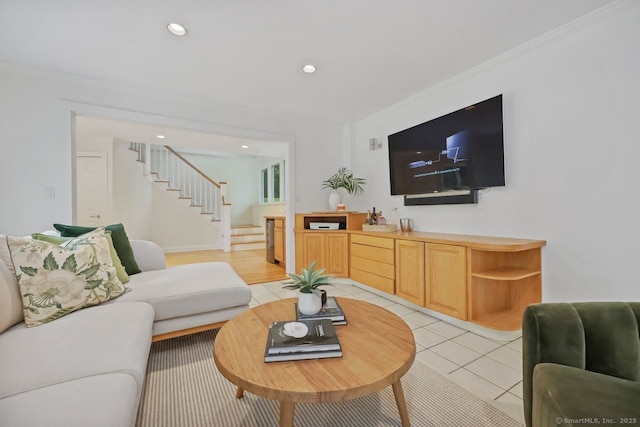 32 Jeffrey Rd, Greenwich, CT 06830 - living area featuring stairway, light tile patterned flooring, recessed lighting, and crown molding