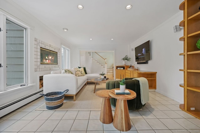 32 Jeffrey Rd, Greenwich, CT 06830 - living room with a baseboard heating unit, stairway, recessed lighting, light tile patterned flooring, and crown molding